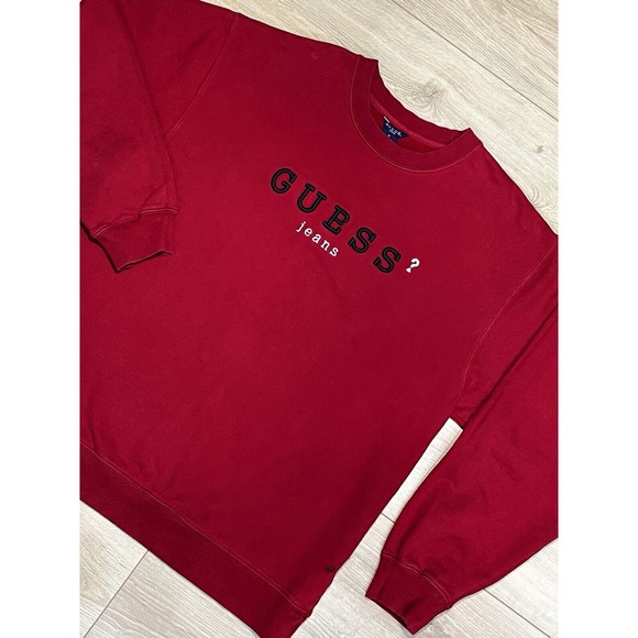 Guess Jeans Embroidered Logo Sweatshirt XL Pullover Crew‎ Neck Red Vintage - Picture 1 of 13